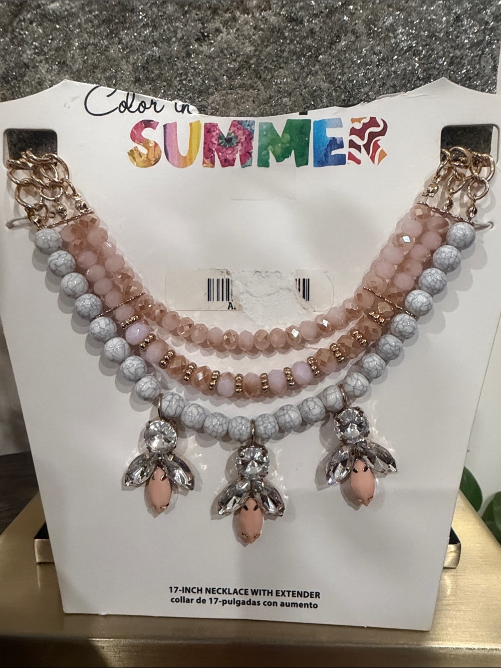 Gold Multi-Strand Pink & Gray Beaded Statement Necklace